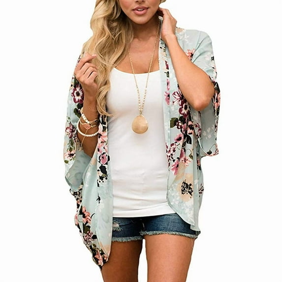 Women's Floral Print Kimonos Loose Half Sleeve Shawl Chiffon Cardigan Blouses Casual Beach Cover Ups