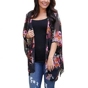 Women's Floral Print Kimonos Loose Half Sleeve Shawl Chiffon Cardigan Blouses Casual Beach Cover Ups