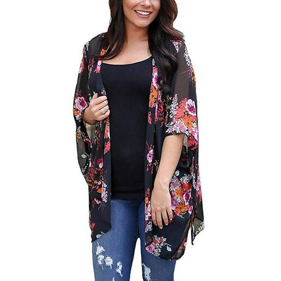 Women's Floral Print Kimonos Loose Half Sleeve Shawl Chiffon Cardigan Blouses Casual Beach Cover Ups