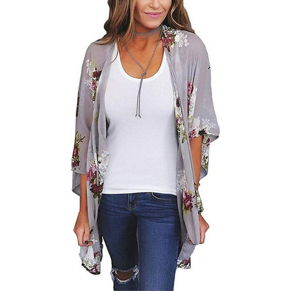 Women's Floral Print Kimonos Loose Half Sleeve Shawl Chiffon Cardigan Blouses Casual Beach Cover Ups