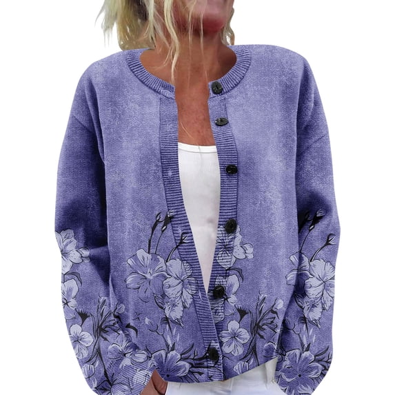 Women's Floral Print Knit Cardigan Sweater, Crew Neck Button Front Long Sleeve Casual Top for Fall Winter