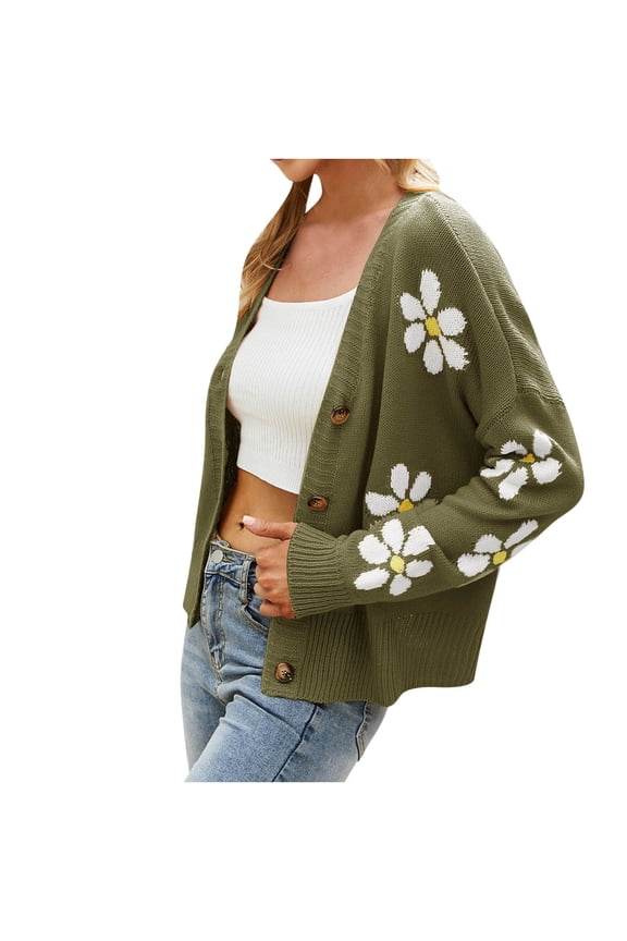 Women's Floral Print Knit Cardigan Sweater Long Sleeve V Neck Button Down Sweater Vintage Aesthetic 90s Outerwear Tops
