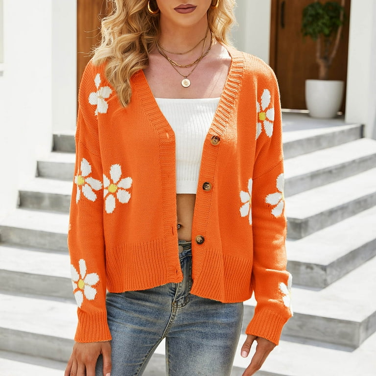Women's Floral Print Knit Cardigan Sweater Long Sleeve V Neck