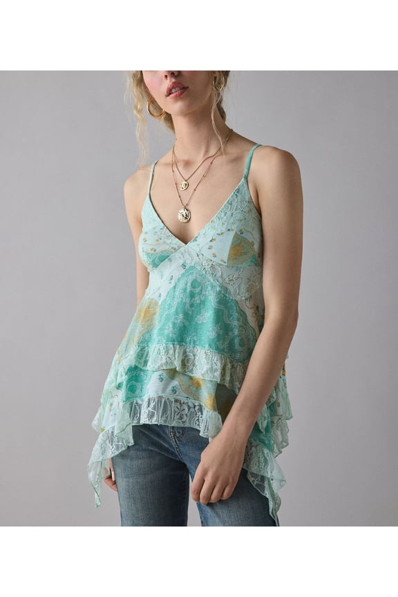 Women's Lace Babydoll Cami Top Spaghetti Strap V Neck Ruffled Floral Handkerchief Hem Sage Green