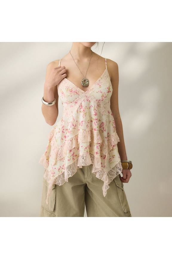 Women's Lace Babydoll Cami Top Spaghetti Strap V Neck Ruffled Floral Handkerchief Hem Pink