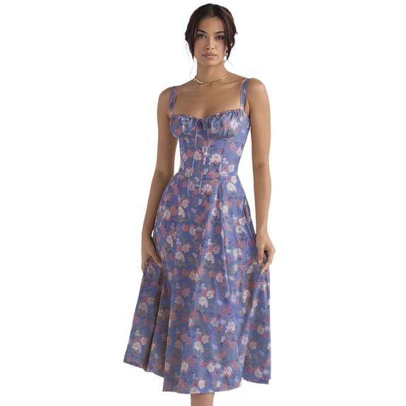 Women's Floral Print Lace Up Split Thigh Cami Dress, Boho Ruched Tie Front Sleeveless Midi Dress for Beach Holiday Vacation, Ladies Summer Clothes