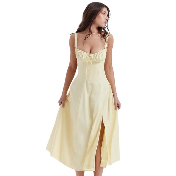 Women's Floral Print Lace Up Split Thigh Cami Dress, Boho Ruched Tie Front Sleeveless Midi Dress for Beach Holiday Vacation, Ladies Summer Clothes