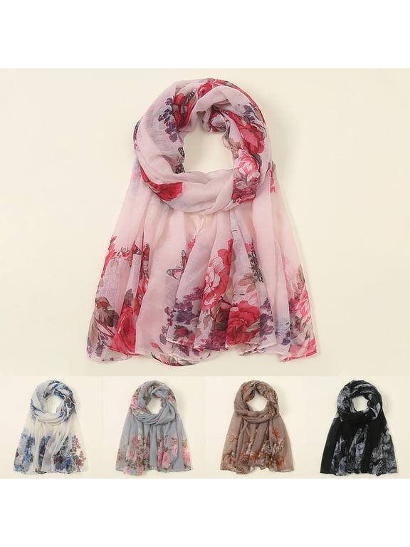 Women's Floral Print Long Lightweight Scarf Soft Muslim Headscarf Summer Sheer Wraps for Evening