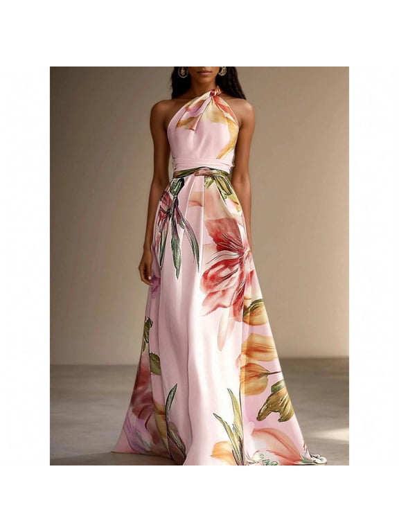 Women's Floral Print Long Maxi Dress, Elegant Sleeveless Flowy Gown, Vacation Party Evening Long Dress for Beach Wedding Guest 04-Pink XL