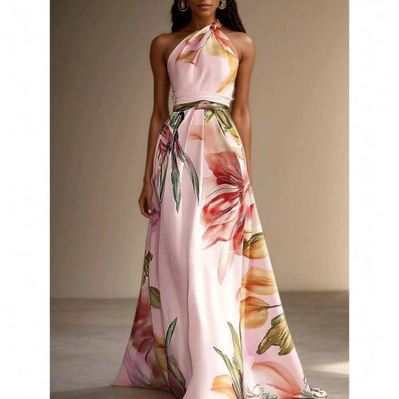 Women's Floral Print Long Maxi Dress, Elegant Sleeveless Flowy Gown, Vacation Party Evening Long Dress for Beach Wedding Guest 04-Pink XXL