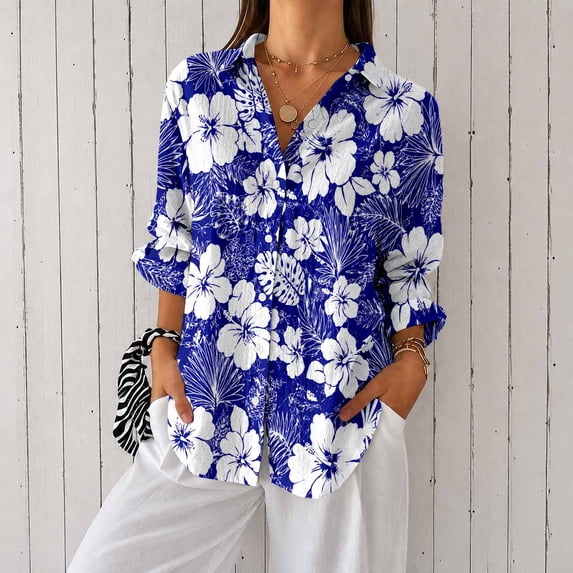 Women's Floral Print Long Sleeve Button Down Shirt Casual Blouse