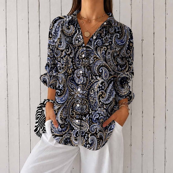 Women's Floral Print Long Sleeve Button Down Shirt Casual Blouse