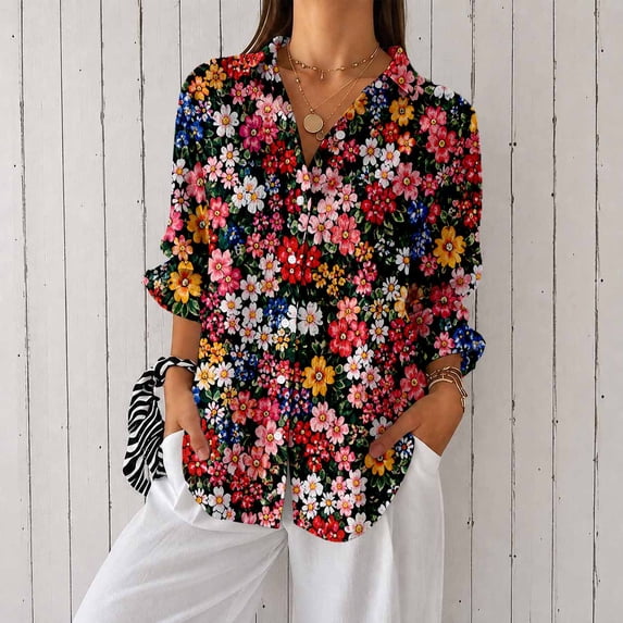 Women's Floral Print Long Sleeve Button Down Shirt Casual Blouse