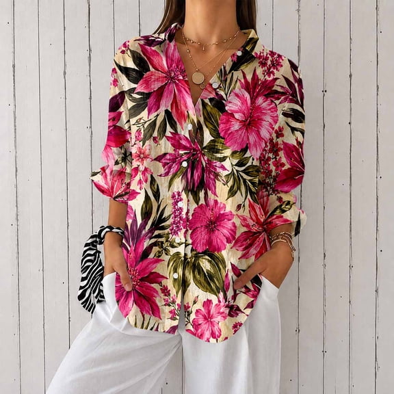 Women's Floral Print Long Sleeve Button Down Shirt Casual Blouse