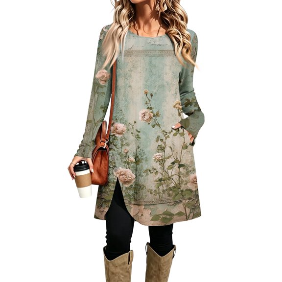 Women's Floral Print Long Sleeve Dress Casual Round Neck Midi with Pockets for Spring and Fall Daily Wear Green 2XL