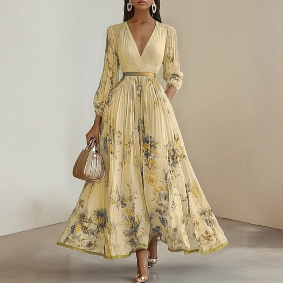 Women's Floral Print Long Sleeve Maxi Dress, V-Neck Waist Belt Flowy Chiffon Vacation Party Dress for Spring & Fall 04-Yellow M