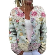 Womens Floral Print Long Sleeve V-Neck Sweaters Button Down Ribbed Cuffs Knit Cropped Cardigan Sweater Light Blue M