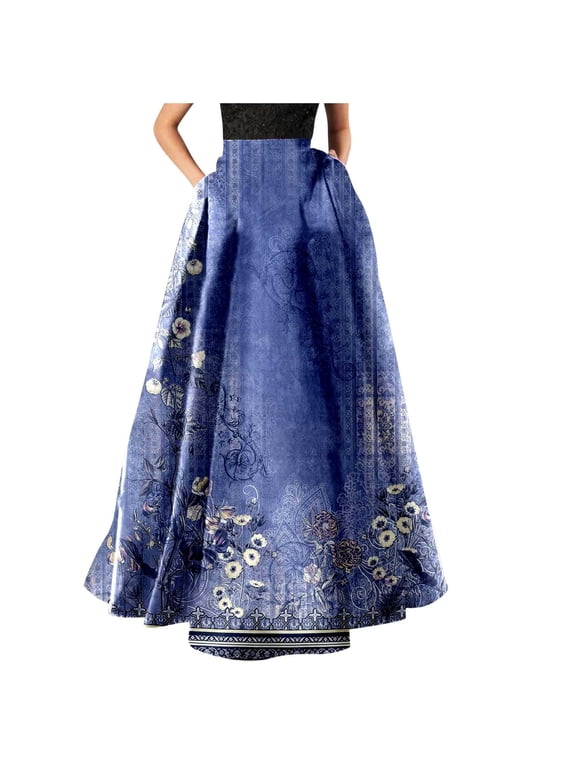 Women’s Floral Print Maxi Skirt High Waist A Line Floor Length Satin Skirt with Pockets Elegant Long Skirt for Formal Occasions Blue XL