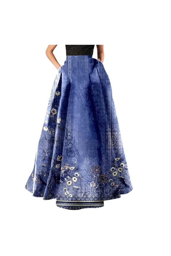 Women’s Floral Print Maxi Skirt High Waist A Line Floor Length Satin Skirt with Pockets Elegant Long Skirt for Formal Occasions Blue XL