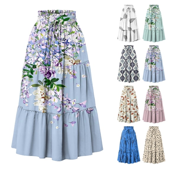 Women's Floral Print Maxi Skirt, High Waist Drawstring Tiered Flowy Skirt, Lightweight Boho Skirt for Beach, Music Festival and Summer,White,M