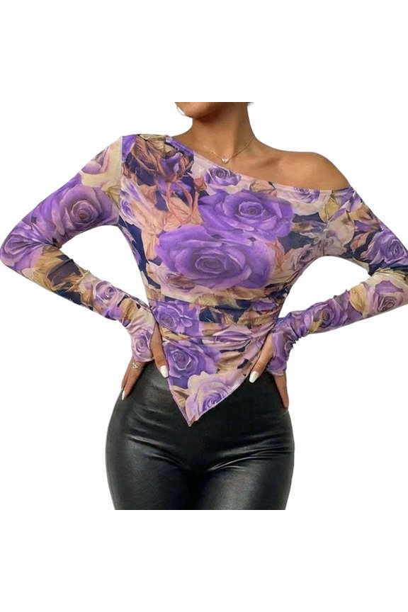 Women's Floral Print Mesh Asymmetrical Off-Shoulder Long Sleeve Ruched Fitted Top L