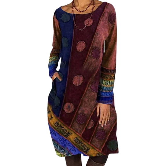 Women's Floral Print Midi Dress Long Sleeve Crew Neck Casual Loose Fall Pullover Shirt Dresses with Pockets Coffee 3XL