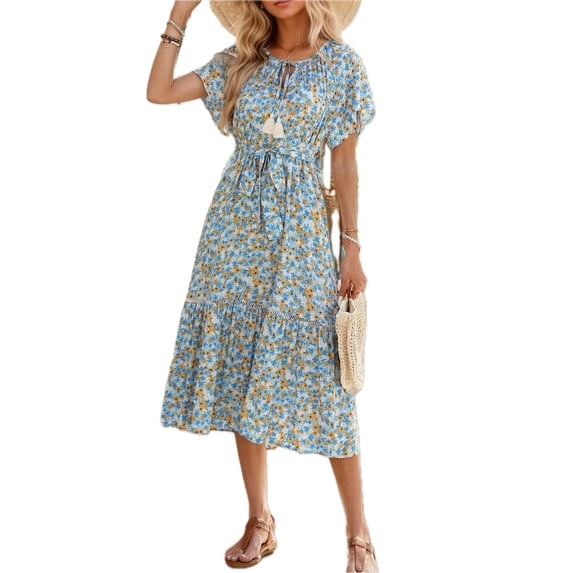 Women's Floral Print Midi Dress with Tie Front Ruched Bodice 100% Cotton Breathable Everyday Comfort for Warm Days