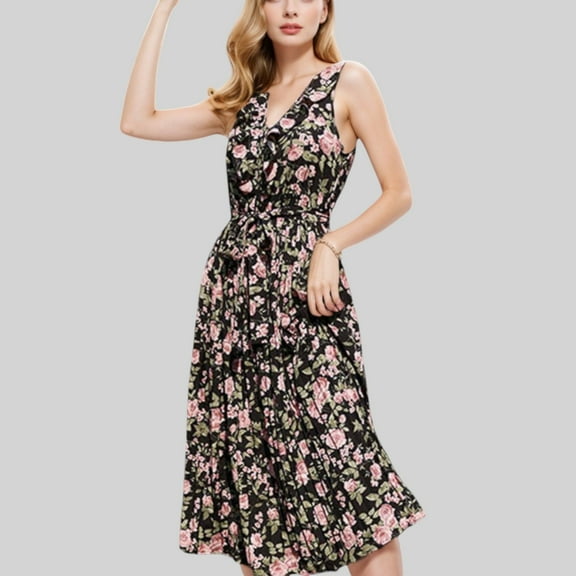Women's Floral Print Midi Dress with V-Neck and Tie Waist - X Large, Black