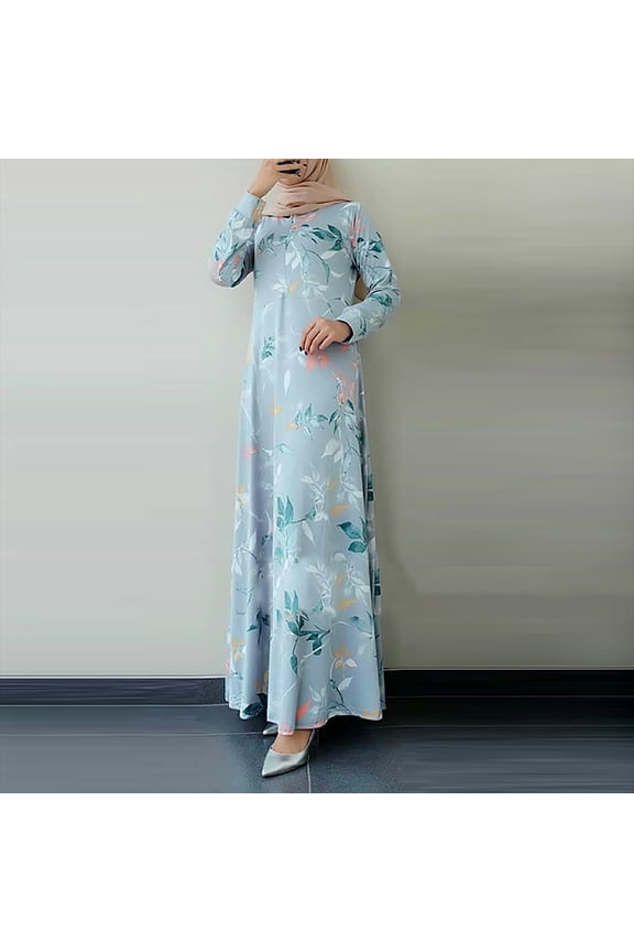 Women's Floral Print Muslim Modest Dress Full Sleeve Crew Neck Swing Loose Long Dress Ankle-Length Islamic Dress