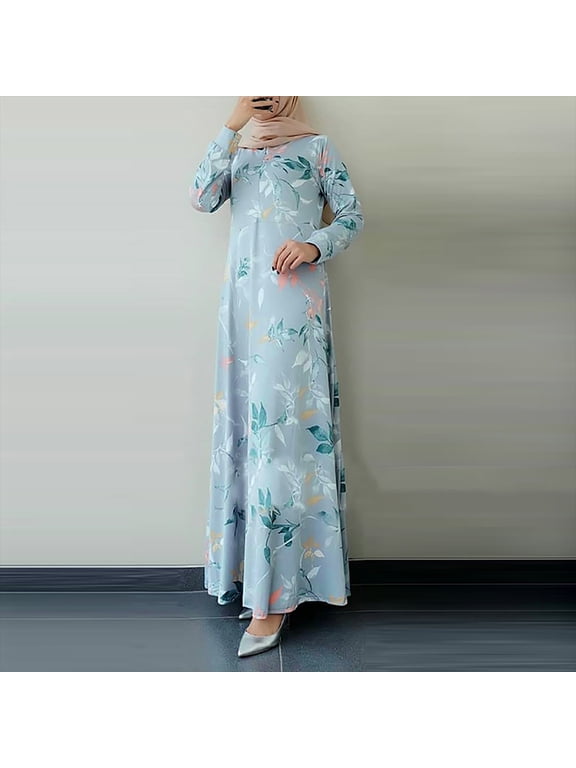 Women's Floral Print Muslim Modest Dress Full Sleeve Crew Neck Swing Loose Long Dress Ankle-Length Islamic Dress