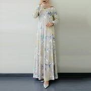 Womens Floral Print Muslim Modest Dress Full Sleeve Crew Neck Swing Loose Long Dress Ankle-Length Islamic Dress
