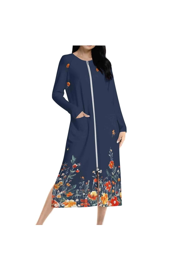 Women's Floral Print Nightgowns Zipper Front Long Sleeve Sleepshirt with Pockets Cozy Flowy Housecoat Dresses