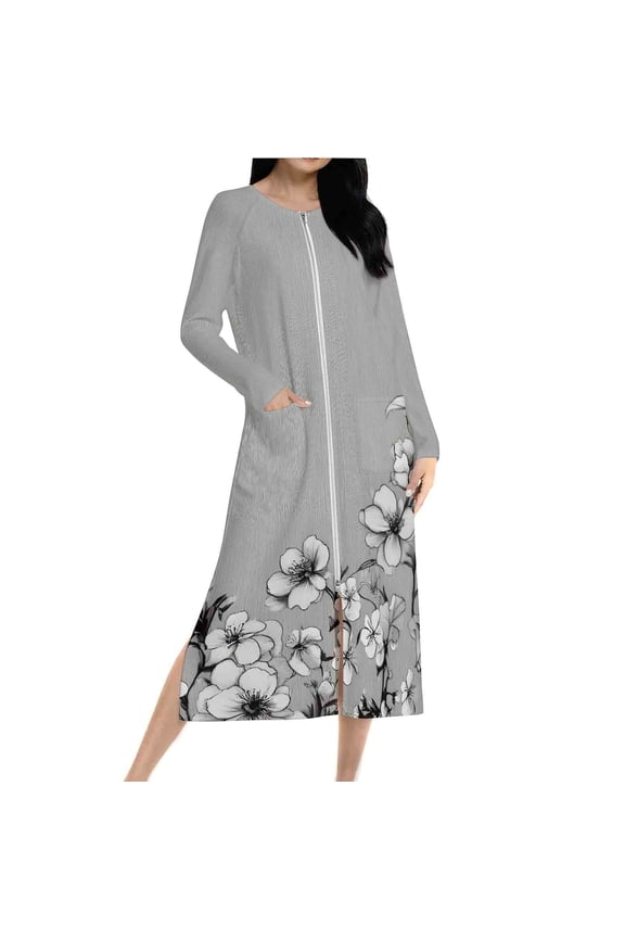 Women's Floral Print Nightgowns Zipper Front Long Sleeve Sleepshirt with Pockets Cozy Flowy Housecoat Dresses