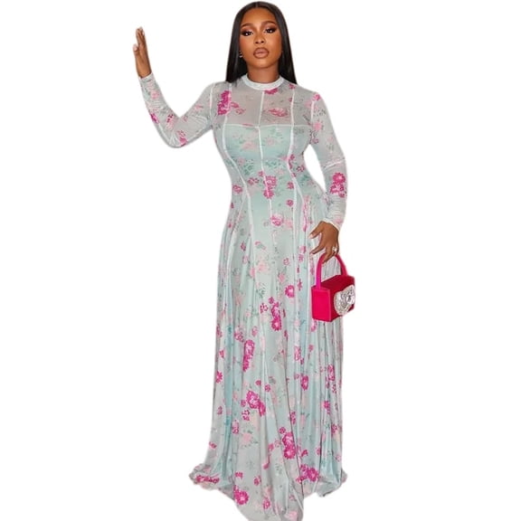 Women's Floral Print O-Neck Long Sleeve Waistband Pleated A-Line Long Dress, Gauze Spliced, Slight Perspective