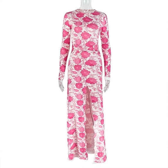 Women's Floral Print O-Neck Long Sleeve Waistband Split Long Dress, Hips Wrapped