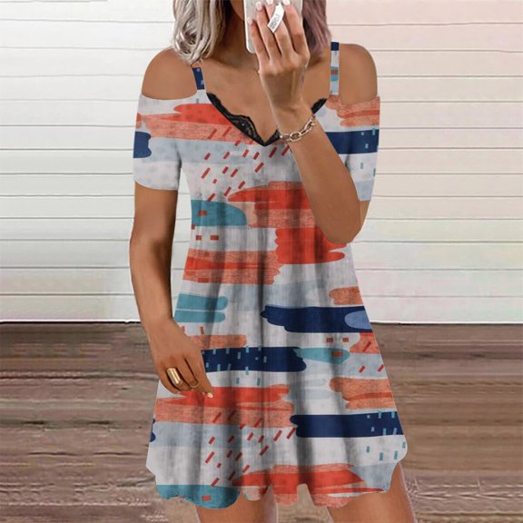 DailyTrove Women's Floral Print Off-Shoulder Midi Dress, Short Sleeve, Casual Garden & Brunch Wear, Lightweight Cotton Blend, Ruffled Hem