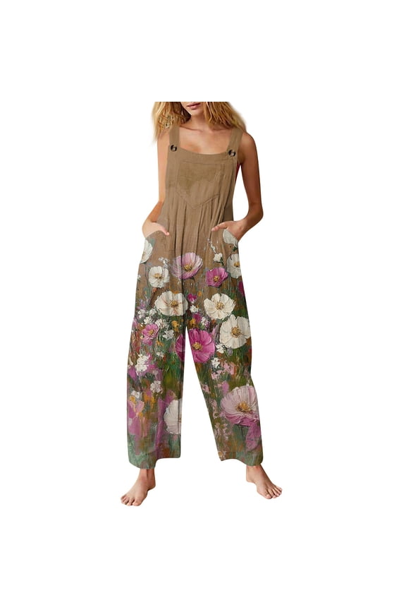 Women's Floral Print Overalls - Adjustable Straps Sleeveless Cotton Romper with Pockets for Summer Casual ,Light Brown,2XL