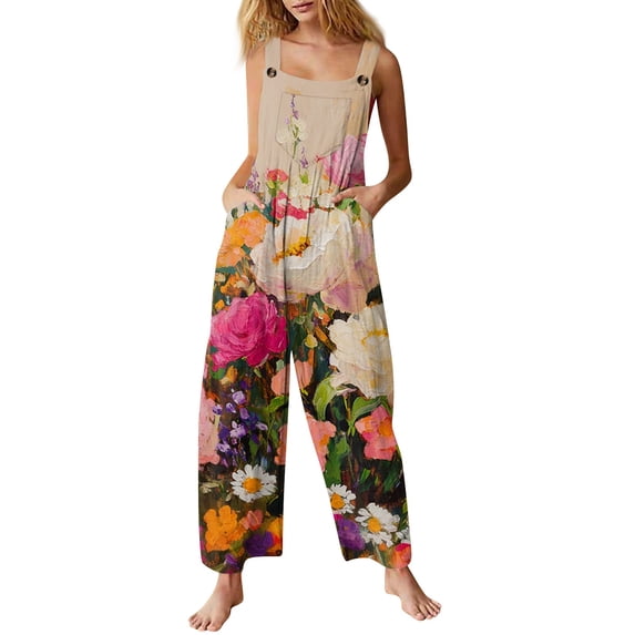 Women's Floral Print Overalls - Adjustable Straps Sleeveless Cotton Romper with Pockets for Summer Casual ,Orange,M