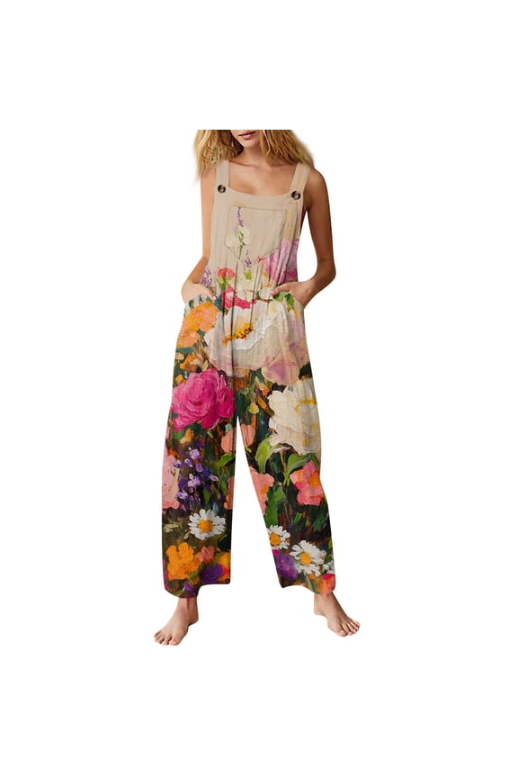Women's Floral Print Overalls - Adjustable Straps Sleeveless Cotton Romper with Pockets for Summer Casual ,Orange,