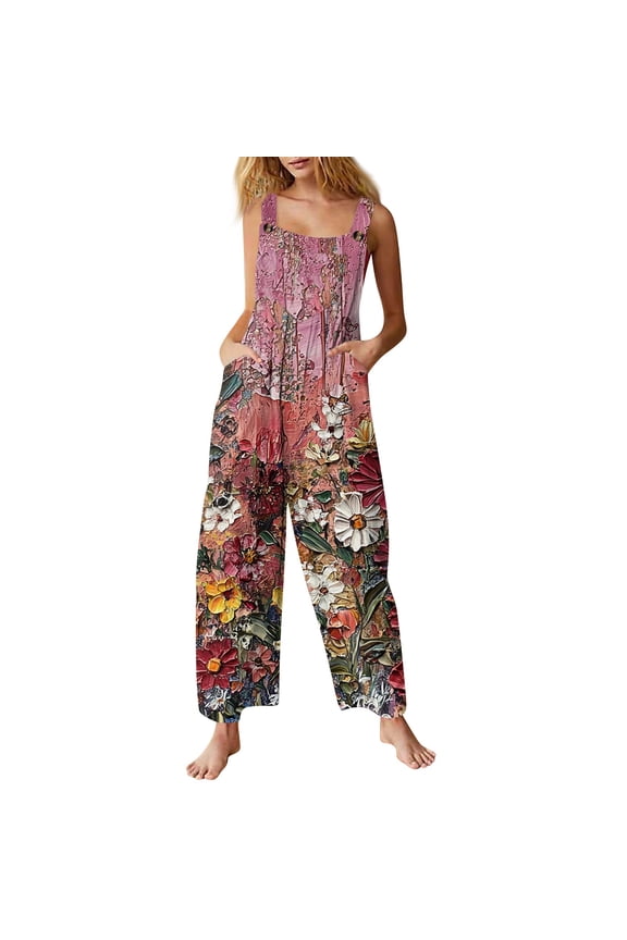 Women's Floral Print Overalls - Adjustable Straps Sleeveless Cotton Romper with Pockets for Summer Casual ,Pink,L