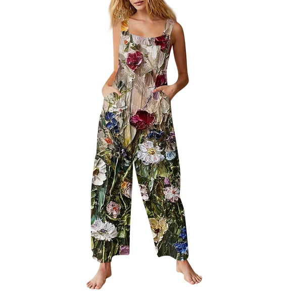 Women's Floral Print Overalls - Sleeveless Adjustable Straps Cotton Romper with Pockets for Casual Wear ,Dark Green,S