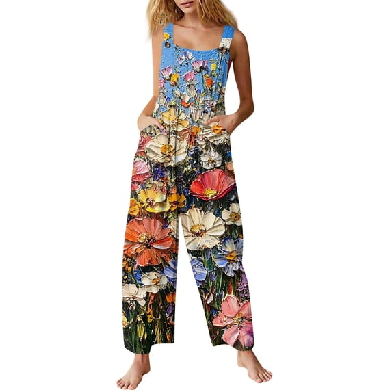Women's Floral Print Overalls - Sleeveless Adjustable Straps Cotton Romper with Pockets for Casual Wear ,Multicolor,S