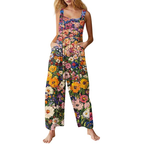 Women's Floral Print Overalls - Sleeveless Adjustable Straps Cotton Romper with Pockets for Casual Wear ,Orange,S