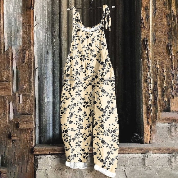 Women's Floral Print Overalls Wide Leg Jumpsuit Boho Sleeveless Spaghetti Strap Romper Casual Baggy Loose Fit Suspender Pants with Pockets for Summer Beach