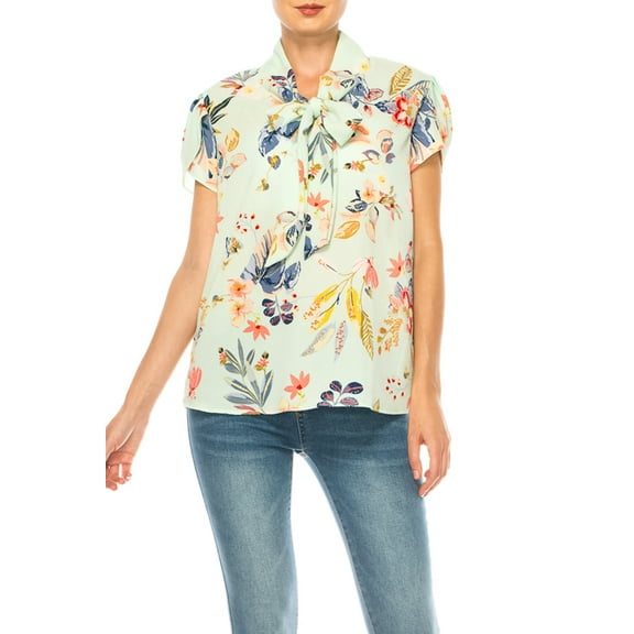 Women's Floral Print Overlapping Short Sleeve Top with Front Tie Collar