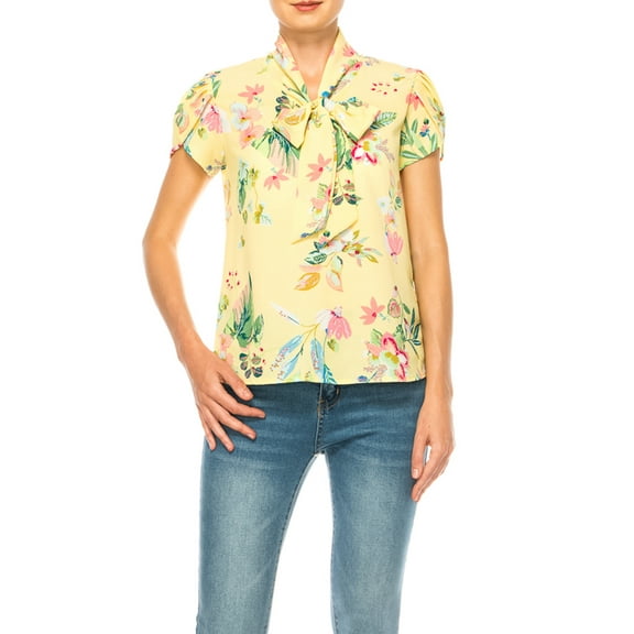 Women's Floral Print Overlapping Short Sleeve Top with Front Tie Collar