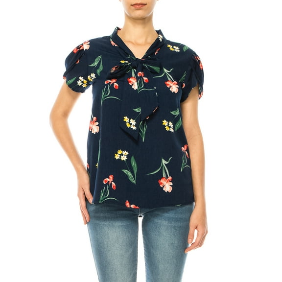 Women's Floral Print Overlapping Short Sleeve Top with Front Tie Collar