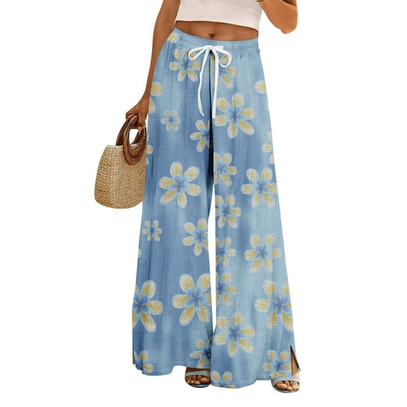 Women's Floral Print Palazzo Pants - High Waist Wide Leg Bohemian Summer Casual Trousers with Elastic Waist ,Blue,L