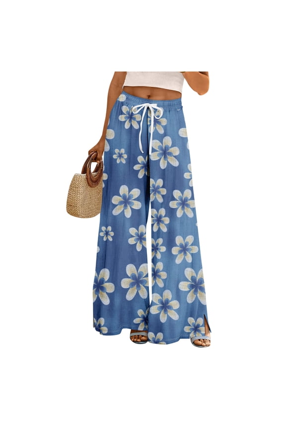 Women's Floral Print Palazzo Pants - High Waist Wide Leg Bohemian Summer Casual Trousers with Elastic Waist ,Dark Blue,L