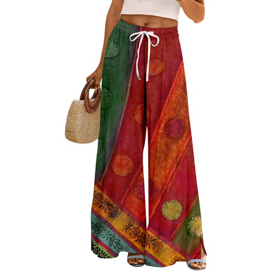 Women's Floral Print Palazzo Pants - High Waist Wide Leg Bohemian Summer Casual Trousers with Elastic Waist ,Deep Red,M